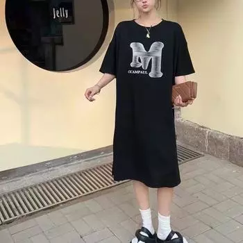 Женское платье летнее дизайнерское Sense с коротким рукавом Fat MM Loose Lazy Long T-shirt Dress M чёрный