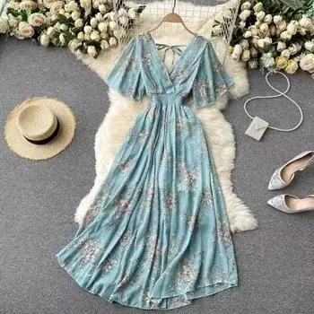 Женское платье, летнее модное шифоновое платье трапециевидной формы с v-образным вырезом и цветочным принтом, высокой талией, корейский пляжный длинный халат, женский One Size бежевый