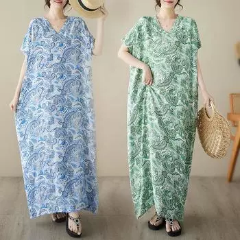 Женское платье, летнее пляжное платье больших размеров, женское льняное платье с цветами, свободное повседневное длинное платье большого размера синего цвета One Size синий