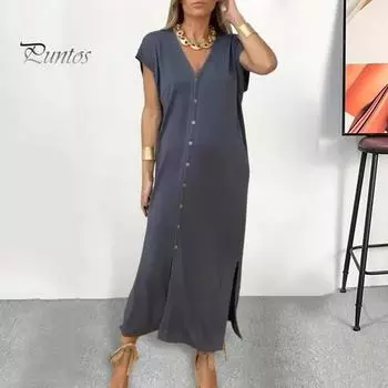 Женское платье, летнее, повседневное, с коротким рукавом, миди-платье, свободное, с V-образным вырезом, на пуговицах, платье-рубашка для повседневной жизни, свиданий, работы 3XL темно-серого