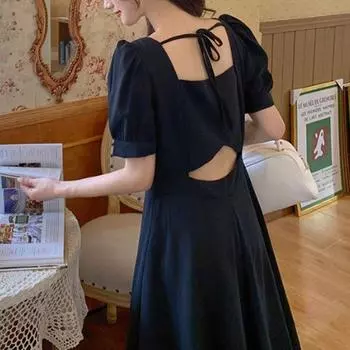 Женское платье летнее романтическое платье с открытой спиной, элегантное длинное платье с квадратным воротником Platycodon L чёрный