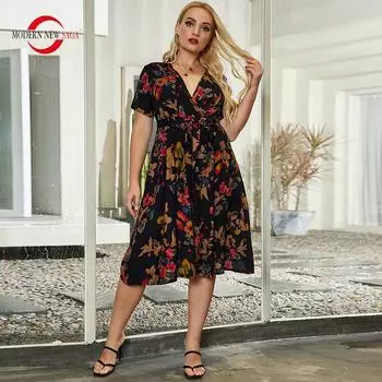 Женское платье, летнее СОВРЕМЕННОЕ НОВОЕ женское платье SAGA, повседневные платья, платье с цветочным принтом, пляжное платье с коротким рукавом и v-образным вырезом, большие размеры XL чёрный