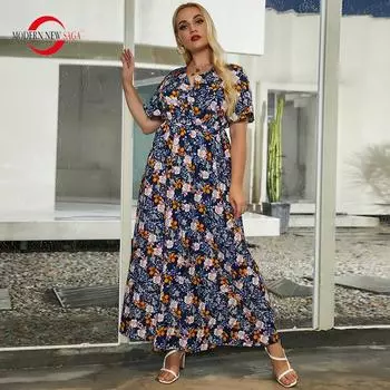 Женское платье, летнее СОВРЕМЕННОЕ НОВОЕ женское платье SAGA, длинные платья с коротким рукавом и цветочным принтом, повседневное пляжное платье, вечернее платье размера плюс XL синий