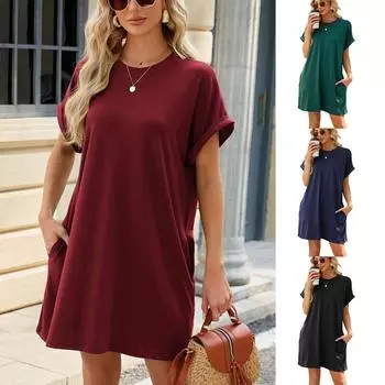 Женское платье, летнее свободное платье с круглым воротником, повседневное модное платье с коротким рукавом, однотонные платья S темно-зеленого