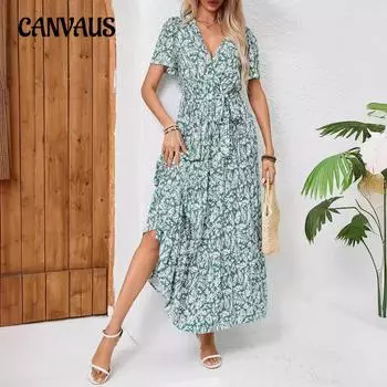 Женское платье Летние богемные платья с v-образным вырезом и коротким рукавом с завязкой на талии и бантом S зелёный