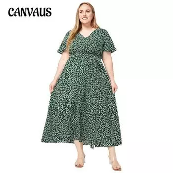 Женское платье, летние богемные пляжные платья больших размеров с v-образным вырезом и короткими рукавами и карманами с разрезом 1XL зелёный