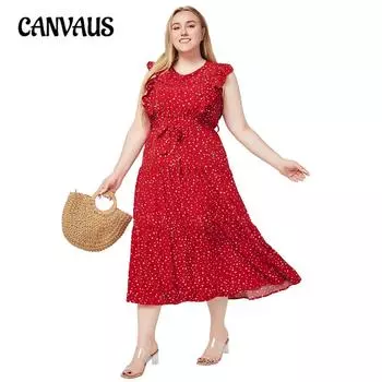 Женское платье Летние большие размеры с круглым вырезом и рюшами без рукавов в горошек Темпераментные платья 1XL красный