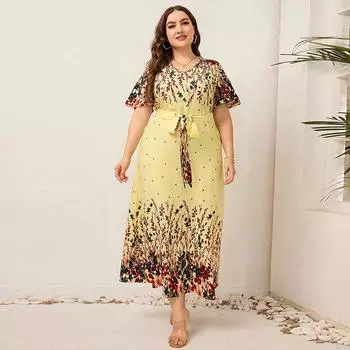 Женское платье Летние длинные платья с коротким рукавом с цветочным принтом Повседневное платье макси Платья больших размеров XL жёлтый