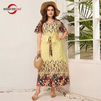 Женское платье Летние длинные платья с коротким рукавом с цветочным принтом Повседневное платье макси Платья больших размеров XL жёлтый