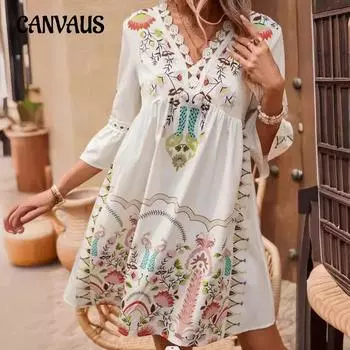 Женское платье Летние кружевные повседневные платья с v-образным вырезом и принтом S чёрный