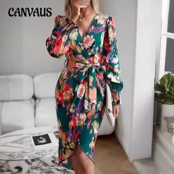 Женское платье, летние платья с v-образным вырезом и принтом, рукавом-фонариком, длинными рукавами, нерегулярные платья S мох зеленого