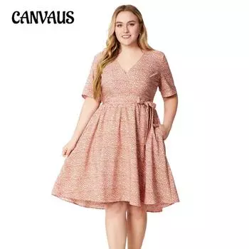 Женское платье Летние повседневные платья больших размеров с v-образным вырезом и короткими рукавами с карманами и принтом 1XL розовый