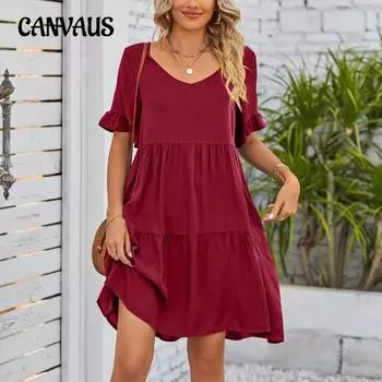 Женское платье Летние повседневные плиссированные платья Babydoll с v-образным вырезом S чёрный