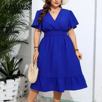 Женское платье, летние темпераментные платья с v-образным вырезом и талией, однотонные платья больших размеров 1XL синий