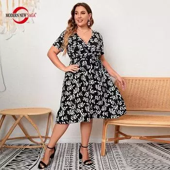 Женское платье Летние женские длинные платья с коротким рукавом Повседневные платья с v-образным вырезом и принтом больших размеров XL чёрный