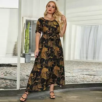 Женское платье Летние женские длинные платья Повседневное макси-платье с принтом Короткие рукава О-образным вырезом Платья больших размеров XL хаки