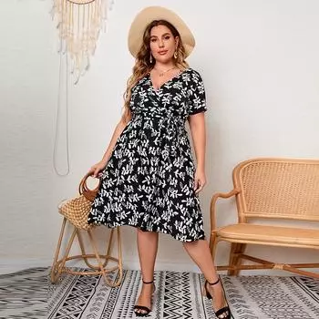 Женское платье Летние женские длинные платья с коротким рукавом Повседневные платья с v-образным вырезом и принтом больших размеров 4XL чёрный