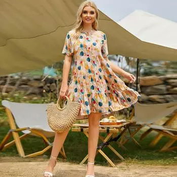 Женское платье, летние женские длинные платья с коротким рукавом, повседневные платья с круглым вырезом и принтом, платья больших размеров 3XL зелёный