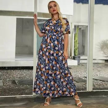 Женское платье Летние женские длинные платья с коротким рукавом Цветочный принт Повседневное пляжное платье Вечернее платье больших размеров XL синий