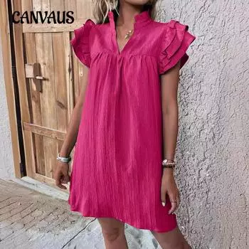 Женское платье, летняя мода, сто слоев, рукава с рюшами, пуловер с v-образным вырезом, платья S зелёный