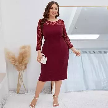 Женское платье Лето Длинный рукав Кружева Женские Длинные Платья Повседневные Платья Большого Размера С О-Образным Вырезом XL красный
