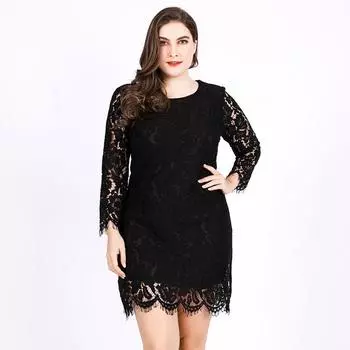 Женское платье Лето Длинный рукав Вырез Кружева Женские Длинные Платья Повседневные Платья Большого Размера С О-Образным Вырезом XL чёрный