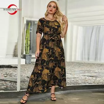 Женское платье Лето MODERN NEW SAGA Женские длинные платья Повседневное платье макси с принтом и коротким рукавом с круглым вырезом Платья больших размеров XL хаки