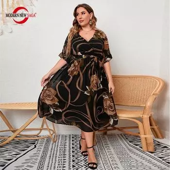 Женское платье Лето с коротким рукавом Женские длинные платья Повседневное платье макси Богемный принт с v-образным вырезом Платья большого размера XL кофейный