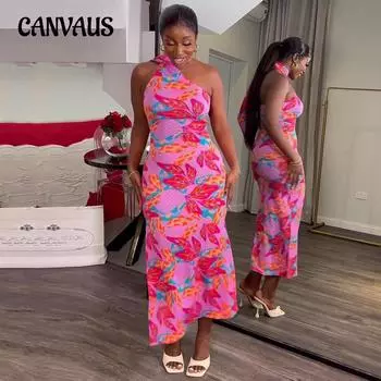 Женское платье Лето Темперамент Сладкая висячая шея Тонкие платья средней длины без рукавов с принтом S розовый