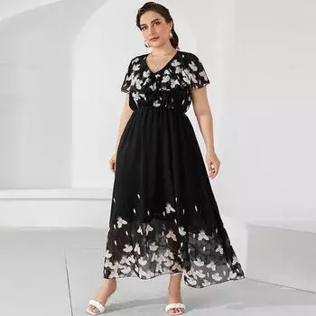 Женское платье Лето Женское Черное Длинное Платье Короткое Рукав Цветочное Платье Вечеринка Элегантное Макси Платье Плюс Размер 3XL чёрный