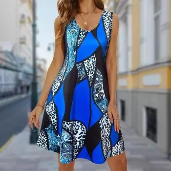 Женское платье Line Fragments Printed без рукавов с круглым вырезом, свободное, мягкое и удобное платье больших размеров XS синий