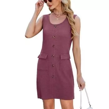 Женское платье-майка без рукавов, однотонное, с круглым вырезом, карманом на пуговицах, сезон весна/лето S чёрный