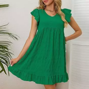 Женское платье-майка без рукавов с рюшами и подолом, повседневные летние платья с V-образным вырезом L зелёный