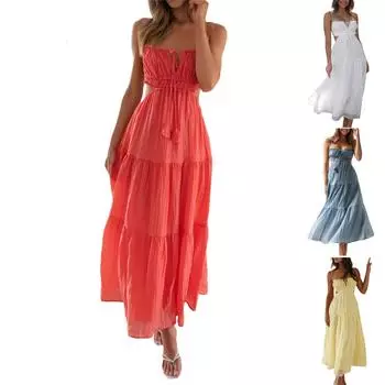 Женское платье-майка, летнее весеннее плиссированное платье в стиле бохо, милое струящееся пляжное платье без рукавов, прямая футболка, платье-майка, платье с круглым вырезом L синий