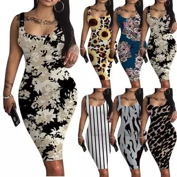 Женское платье-майка с цветочным принтом, базовые клубные платья миди без рукавов, вечернее мини-платье