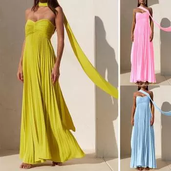 Женское платье-макси без бретелек с открытыми плечами, плиссированное длинное платье с шейным платком, летнее струящееся вечернее платье для коктейльной вечеринки или выпускного вечера XL розовый