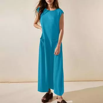 Женское платье макси без рукавов, летнее повседневное платье-майка с круглым вырезом, длинное платье с карманом, пляжный сарафан для отдыха XL синий