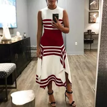 Женское платье макси без рукавов, летнее повседневное платье в полоску с высокой талией и круглым вырезом, струящееся длинное платье с разрезом и неровным подолом M синий
