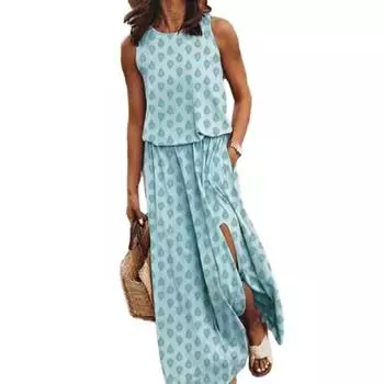 Женское платье макси без рукавов, повседневное, с круглым вырезом, эластичной талией, разрезом, длинное платье с карманом, летний пляжный сарафан для отдыха XL