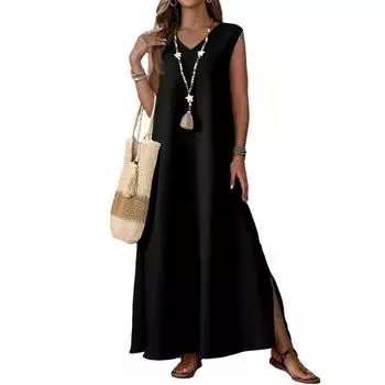 Женское платье макси без рукавов с V-образным вырезом и разрезом сбоку, длинное платье, летнее повседневное платье-свинг, бохо пляжное S чёрный