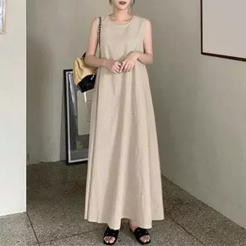 Женское платье макси без рукавов с v-образным вырезом, свободный трапециевидный силуэт, большой подол, сплошной цвет, жилет до щиколотки, мягкий дышащий пуловер, женская одежда L хаки