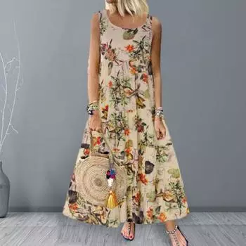 Женское платье макси без рукавов с цветочным принтом, свободный подол, трапециевидное большое распашное платье, лоскутное платье длиной до щиколотки, пляжное платье больших размеров M жёлтый