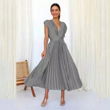 Женское платье макси без рукавов с глубоким V-образным вырезом, летнее плиссированное коктейльное длинное платье с высокой талией и открытой спиной для вечеринки в клубе S чёрный