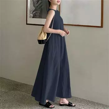 Женское платье макси без рукавов с v-образным вырезом, свободный трапециевидный силуэт, большой подол, сплошной цвет, жилет до щиколотки, мягкий дышащий пуловер, женская одежда L хаки