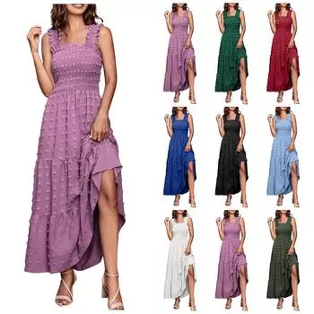 Женское платье макси без рукавов со сборками в стиле бохо, однотонное платье трапециевидной формы с бретельками в горошек, вечерние, многоуровневый сарафан XL фиолетовый