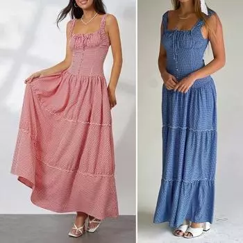 Женское платье макси без рукавов в клетку в клетку с круглым вырезом, длинное платье со сборками, сарафан А-силуэта с рюшами и бретелями, струящийся S синий