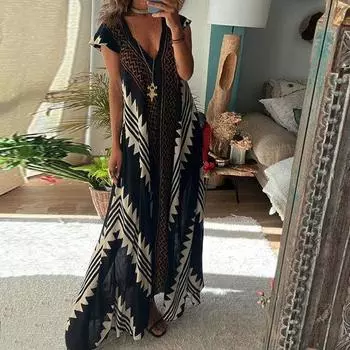 Женское платье макси Богемное пляжное платье с коротким рукавом с глубоким вырезом и глубоким V-образным вырезом Свободное винтажное платье с геометрическим принтом и контрастным цветом Свободный подол 2XL чёрный