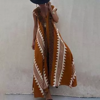 Женское платье макси Богемное пляжное платье с коротким рукавом с глубоким вырезом и глубоким V-образным вырезом Свободное винтажное платье с геометрическим принтом и контрастным цветом Свободный подол 2XL чёрный