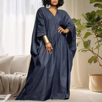 Женское платье макси больших размеров с v-образным вырезом, пуловером с половиной рукавом и крылом летучей мыши, однотонное платье свободного покроя, уличная одежда M синий