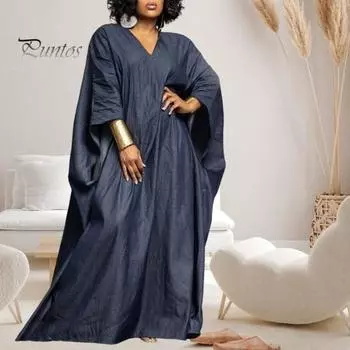 Женское платье макси больших размеров с v-образным вырезом, пуловером с половиной рукавом и крылом летучей мыши, однотонное платье свободного покроя, уличная одежда M синий